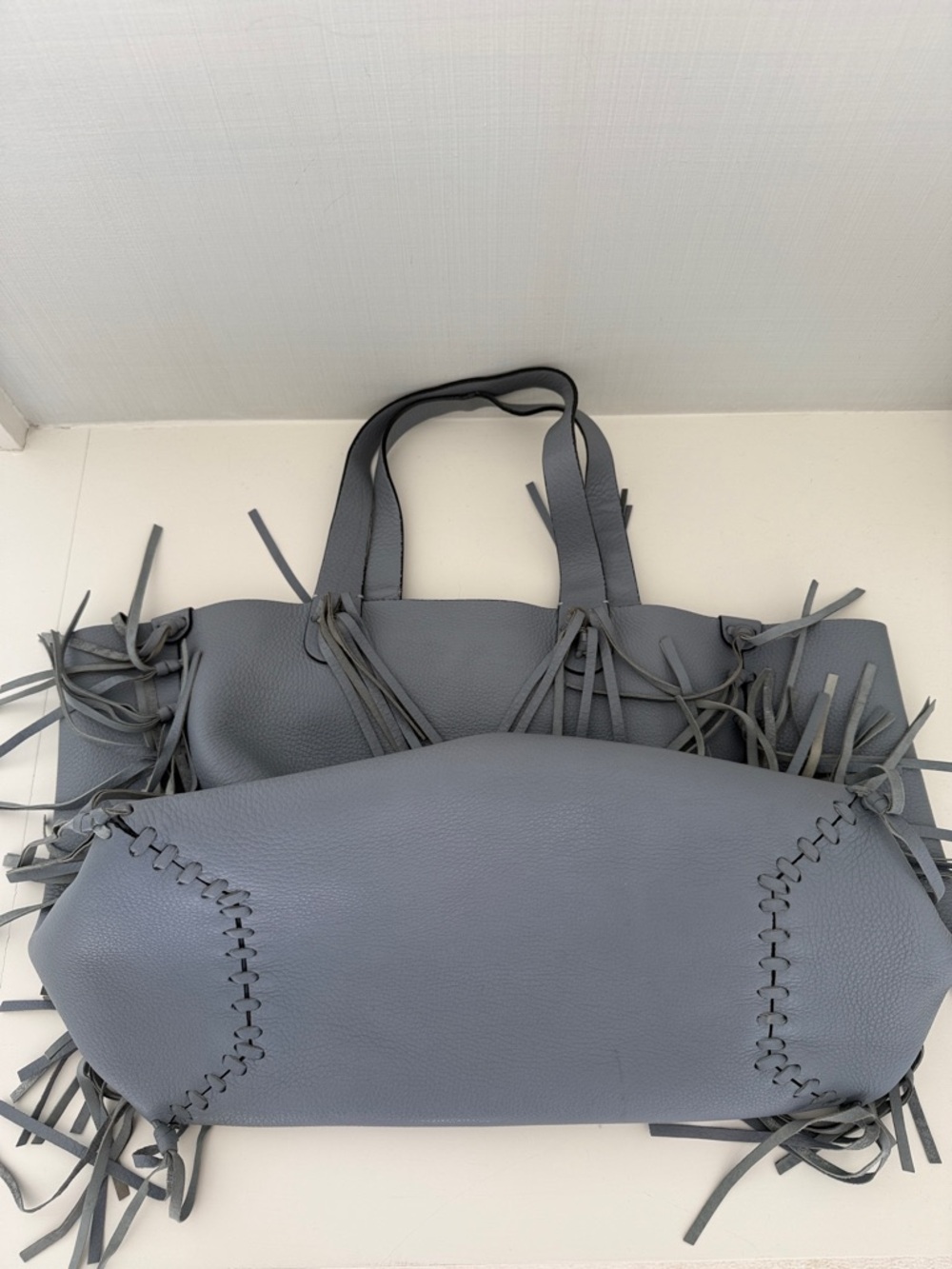 Valentino Light Blue Gray Grained Calf Leather Fringe C-Rockee Bag Tote - Picture 6 of 10